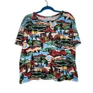 Zara Trafaluc Polynesian Village Print Tee Shirt